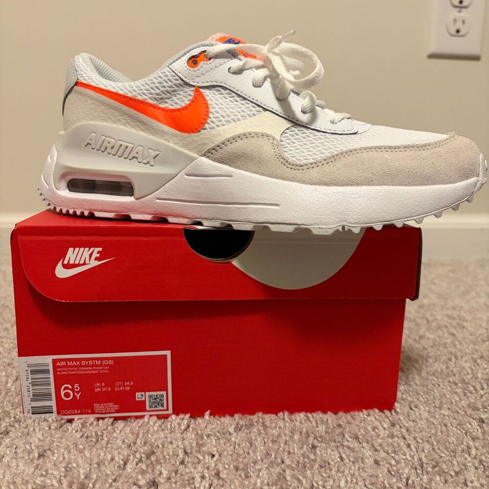 NEW NIKE AIR MAX BIG KIDS (GS) SIZE 6.5 (WOMEN 8.5), WHITE/ORANGE/GREY DQ0284-11